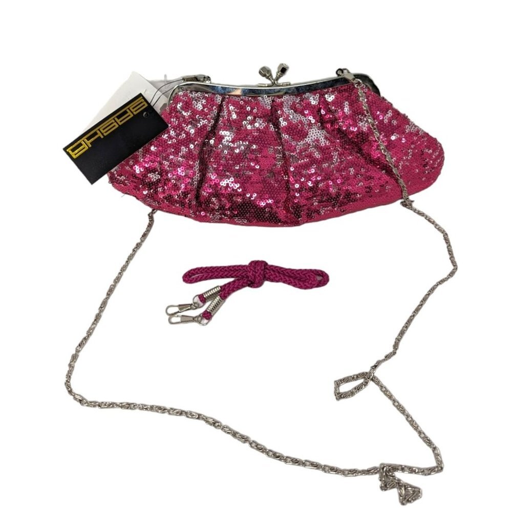 Sasha Hot Pink Silver Kiss Lock Sequin Sequined Clutch Evening Bag Purse Handbag